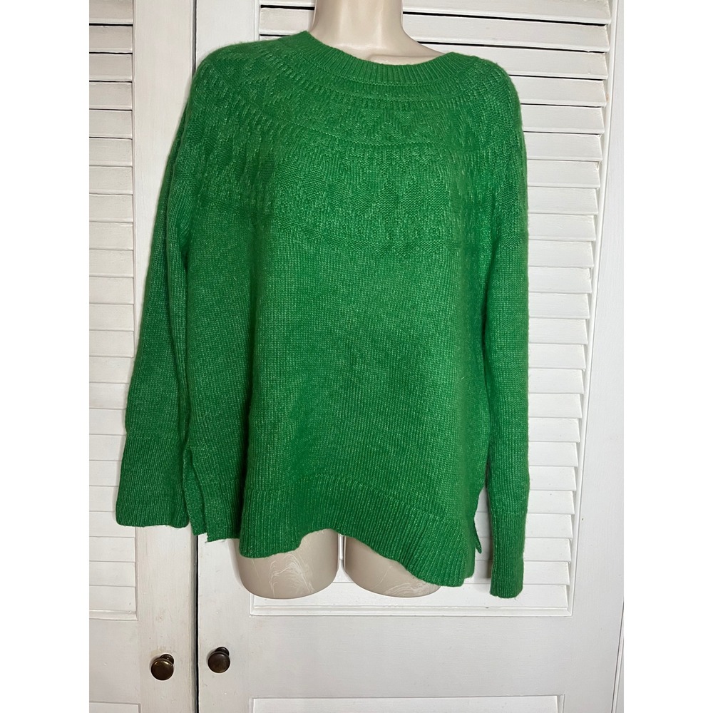 Talbots Petite Green Textured Yoke Wool Blend Crew Neck Sweater LP